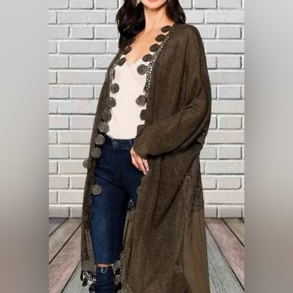 Gigio USA Women’s Medium Open Front Duster Cardigan Boho Crochet Lace Brown NWT - Picture 8 of 10